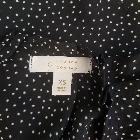 LC Lauren Conrad Womens Top Navy Blue Swiss Dot Chiffon Bow Back Blouse Sz XS - Picture 6 of 7